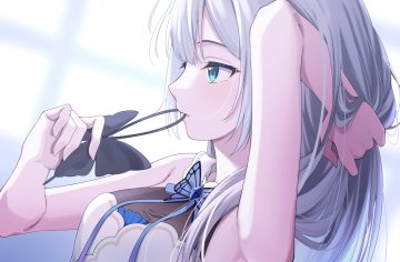 aliasing aqua eyes blush bow close gray hair kaga sumire ribbons syurimp vspo!