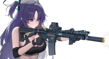 blue archive breasts cleavage close gloves gun halo hayase yuuka heine (haloo1101) long hair purple eyes purple hair sports bra twintails weapon white