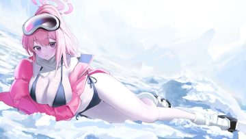 bikini blue archive blush boots breasts cat smile cleavage goggles halo inu lin izumimoto eimi long hair pink hair ponytail purple eyes snow swimsuit