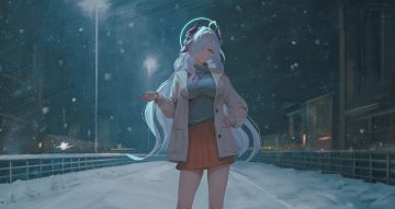 aqua eyes braids breasts building city demon halo horns night original qingli ye skirt snow white hair winter