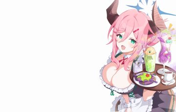 aliasing apron blonde hair blue archive blush braids breasts choker cleavage dress drink food green eyes halo horns ice cream maid misyune pointed ears tentacles third-party edit ushimaki juri waitress white wristwear