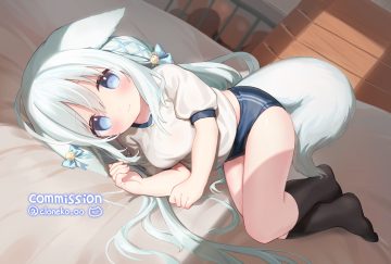 animal ears bloomers blue eyes bow cloneko (zelmeledf2) gym uniform kneehighs long hair original signed tail white hair