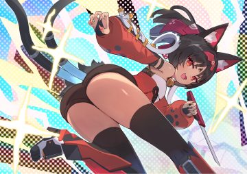 armor ass bell black hair bow cat smile collar dark skin fang flat chest gloves headband knife multiple tails nekomiya mana ponytail red eyes shorts tail thighhighs weapon zenless zone zero zenshin