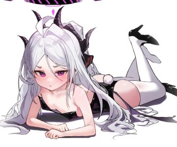 blue archive blush flat chest halo horns leotard long hair mamo (user jjca7524) ponytail purple eyes sorasaki hina tail thighhighs white white hair wings