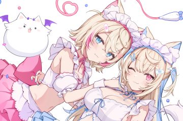 2girls aliasing blue eyes bow breasts cat smile choker cleavage doggirl fang fuwawa abyssgard headdress hololive ikomochi long hair mococo abyssgard navel pink eyes short hair skirt tail twins twintails white wink wristwear