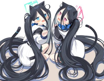 2girls animal ears aqua eyes black hair blue archive blush catgirl force (fossan 01) halo hood kei (blue archive) loli long hair pink eyes skirt tail tears tendou arisu (blue archive) twintails white