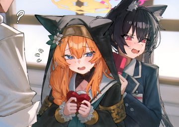 animal ears betabeet black hair blue archive blue eyes blush braids catgirl fang halo headdress iochi mari kuromi serika long hair male nun orange hair red eyes school uniform sensei (blue archive) twintails valentine