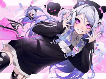 braids cat smile chibi dress gray hair hat heavenrend long hair mazamuno purple eyes thighhighs torn clothes twintails yumemi rurumi