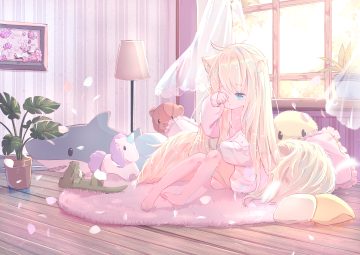 animal ears aqua eyes barefoot blonde hair blush loli long hair multiple tails original peas (peas0125) petals tail