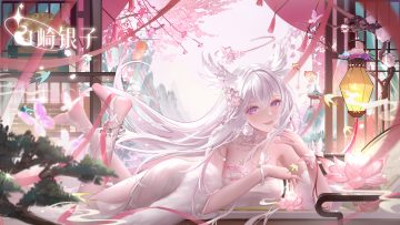 aliasing blush breasts butterfly cherry blossoms choker cleavage dress flowers halo long hair original pantyhose purple eyes ribbons tree v-von white hair wings wristwear