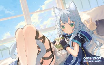 animal ears arknights bed blue hair blush book bunny cape catgirl cloneko (zelmeledf2) clouds dress flat chest flowers garter gloves green eyes hood loli long hair rosmontis (arknights) see through sky tail