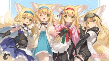 animal ears arknights blonde hair blush braids cloneko (zelmeledf2) dress garter gloves green eyes group headband loli long hair multiple tails signed suzuran (arknights) tail wink