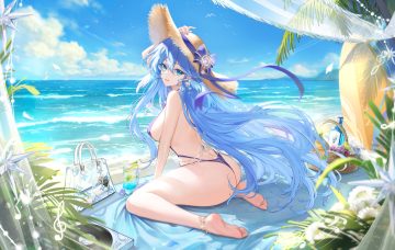 animal aqua eyes ass barefoot beach bikini blue hair bow breasts clouds crab drink flowers food fruit garter hat honkai (series) honkai: star rail long hair meisansan necklace ribbons robin (honkai: star rail) sky swimsuit water
