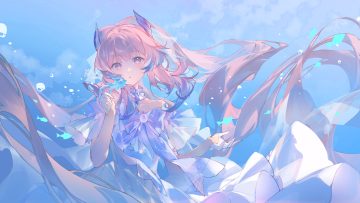 animal blackmeow bow bubbles choker dress fish genshin impact gloves long hair pink hair purple eyes sangonomiya kokomi signed underwater water