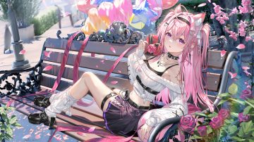 3d al guang aliasing animal ears blush bow breasts chain cleavage collar flowers garter headband leaves long hair necklace original park petals pink hair purple eyes rose shade skirt tree twintails