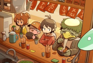 animal ears brown eyes brown hair drink food gray hair group hat hood male original pointed ears ponytail short hair takurada yellow eyes