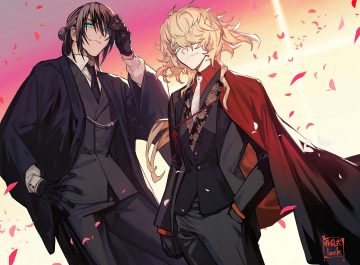 all male anthropomorphism aqua eyes black hair blonde hair cape gloves gradient green eyes ichimonj norimune lack long hair magoroku kanemoto male petals short hair signed suit tie touken ranbu