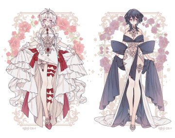 2girls black hair blue eyes bow breasts choker cleavage dress flowers garter gray eyes headdress lemon89h original ribbons rose short hair signed skirt lift white white hair wristwear