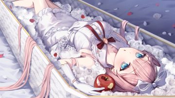 apple aqua eyes astral vliver blush bow braids dress elbow gloves flowers food fruit fuyoyo gloves headdress hoshizono serena long hair petals pink hair ribbons rose