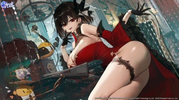animal anthropomorphism ass azur lane bird black hair breasts chien wu (azur lane) cleavage dress drink fang garter gloves logo manjuu (azur lane) nopan ongdal2 paper phone red eyes shirt shorts suit tie upskirt watermark