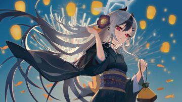 animal blue archive blush bow choker fireworks fish gray hair halo horns japanese clothes kimono long hair merak0901 night onikata kayoko red eyes sky