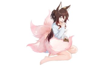 animal ears auui barefoot blush brown hair foxgirl green eyes honkai (series) honkai: star rail long hair multiple tails ponytail tail third-party edit tingyun (honkai: star rail) white wink