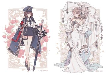 2girls bicolored eyes bow brown hair cape choker dress flowers garter gray eyes hat lemon89h long hair military original rose scar shirt short hair signed skirt sword tie umbrella uniform weapon white