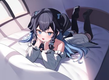 bed black hair blue eyes blush bow cat smile garter lazbee long hair thighhighs twintails