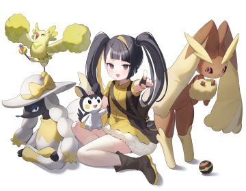 animal ball bird black eyes black hair blush boots bow bunny cat smile cheerleader dog dress emolga furfrou gloves hat kneehighs lazbee loli lopunny oricorio pokemon red eyes shirt thighhighs twintails white