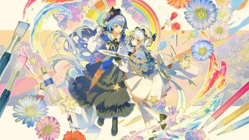 2girls blue hair bow cape dress flowers gloves hat kneehighs long hair necklace red eyes ribbons short hair tagme (artist)