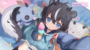animal ears bandage black hair blue eyes camera candy cloneko (zelmeledf2) dress food garter horns ice cream kneehighs loli original signed tail wings
