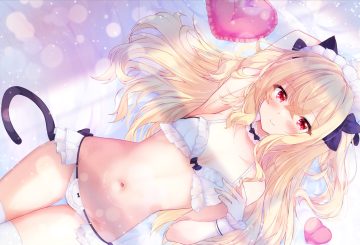 animal ears bikini blonde hair blush bow catgirl choker fuuna headdress long hair maid navel original red eyes swimsuit tail thighhighs twintails wristwear