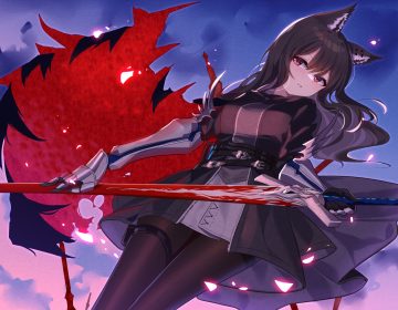 animal ears arknights armor black hair blush cape clouds ddt (darktrident) dress garter long hair pantyhose red eyes sky sword texas (arknights) torn clothes weapon wolfgirl