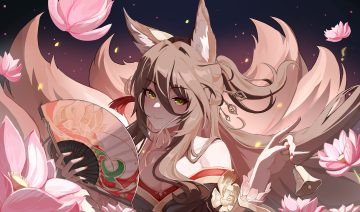 aichinaigai animal ears bell breasts brown hair cleavage close fan flowers foxgirl green eyes honkai (series) honkai: star rail japanese clothes kimono long hair multiple tails ponytail tail tingyun (honkai: star rail)
