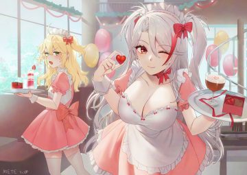 2girls admiral hipper (azur lane) aliasing anthropomorphism apron azur lane blonde hair blush bow candy choker dress drink food fruit green eyes headdress long hair maid maitei roppa prinz eugen (azur lane) red eyes signed strawberry thighhighs twintails valentine waitress white hair wink wristwear