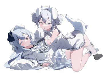 animal ears blush bow cat smile dress fang gray eyes gray hair hat kneehighs lazbee loli long hair polychromatic tail white yuri