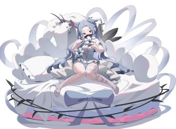 aliasing animal ears bed breasts brown eyes cleavage dress flowers garter gray hair lazbee long hair mask pointed ears white