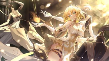 aglaea (honkai: star rail) blonde hair blush bow breasts choker cleavage dress garter green eyes headdress honkai (series) honkai: star rail kaede uehara magic short hair tattoo wristwear