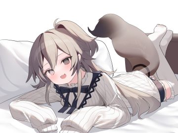 blush bow brown eyes brown hair cat smile dress lazbee long hair ponytail tail thighhighs