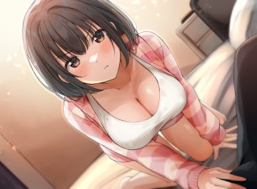 bed black hair blush breasts brown eyes cleavage close erect nipples original shiitake taishi short hair