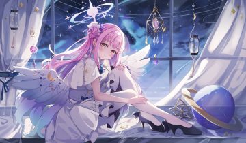 aliasing blue archive blush cape clouds dress halo long hair miakiuehashi misono mika night pantyhose pink hair sky stars wings yellow eyes