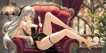 bow breasts carlotta (wuthering waves) chain choker cleavage dress drink fan garter gray eyes gray hair leaves long hair necklace rity sideboob wristwear wuthering waves