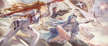 aliasing ayanami rei blue eyes blue hair boat bodysuit braids cape clouds combat vehicle crossover dress gloves goddess of victory: nikke group gun hat helm (nikke) long hair military neon genesis evangelion orange hair rapi (nikke) red eyes red hair scythe short hair sky soryu asuka langley sword thighhighs uniform water weapon xude