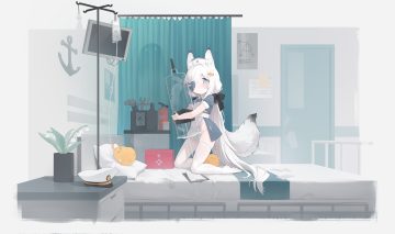 animal animal ears anthropomorphism apron azur lane bed bird blue eyes bow dress foxgirl headdress kasumi 1118 kasumi (azur lane) loli long hair manjuu (azur lane) nopan nurse paper tail thighhighs white hair
