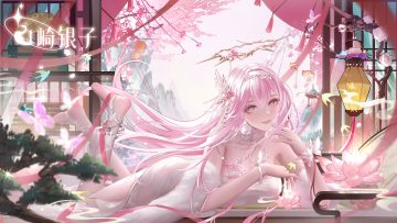 aliasing blush breasts butterfly cherry blossoms choker cleavage dress flowers green eyes halo headband long hair original pantyhose pink hair ribbons tree v-von wristwear