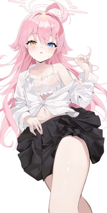 aid! blue archive takanashi hoshino bikini top halo heterochromia loli open shirt see through seifuku skirt lift swimsuits