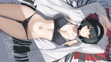 astra yao bed black hair blush bra breasts choker cleavage long hair navel open shirt panties red eyes rikui (rella2930) shirt underwear zenless zone zero