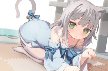 aliasing animal ears bell blush bow catgirl cat smile cloneko (zelmeledf2) dress fang gray hair green eyes loli original pantyhose short hair tail