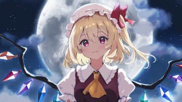 angelica n19 blonde hair blush bow close clouds flandre scarlet hat moon night ponytail red eyes shirt short hair sky stars touhou vampire wings