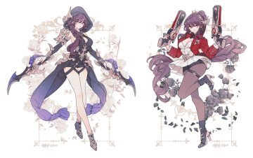 2girls armor black hair boots breasts cleavage dress flowers garter gun hood lemon89h long hair original pantyhose ponytail red eyes rose shorts signed sword weapon white